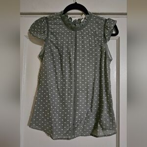 Swiss Dot Sage and White Flutter Sleeve Blouse Size Small